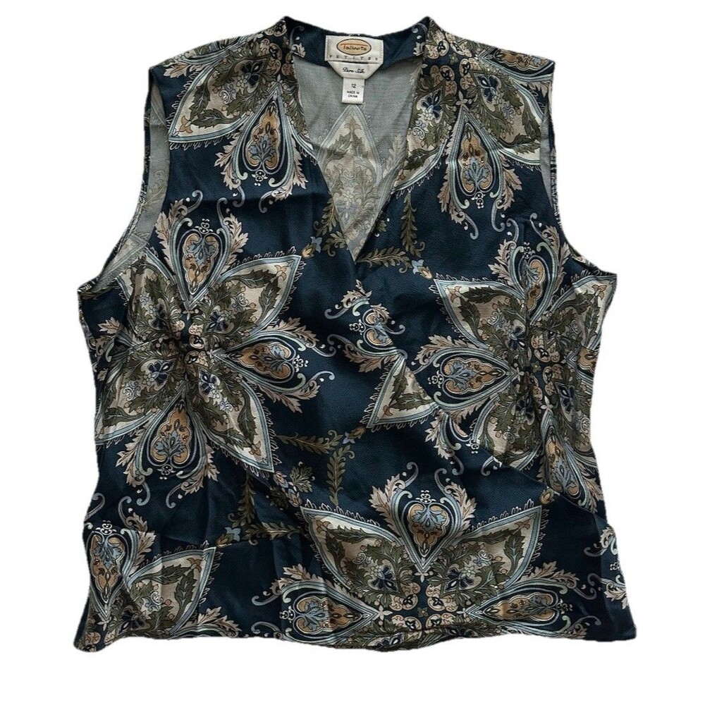 Talbots Silk Sleeveless Blouse Blue Paisley V-Neck Women’s Size 12